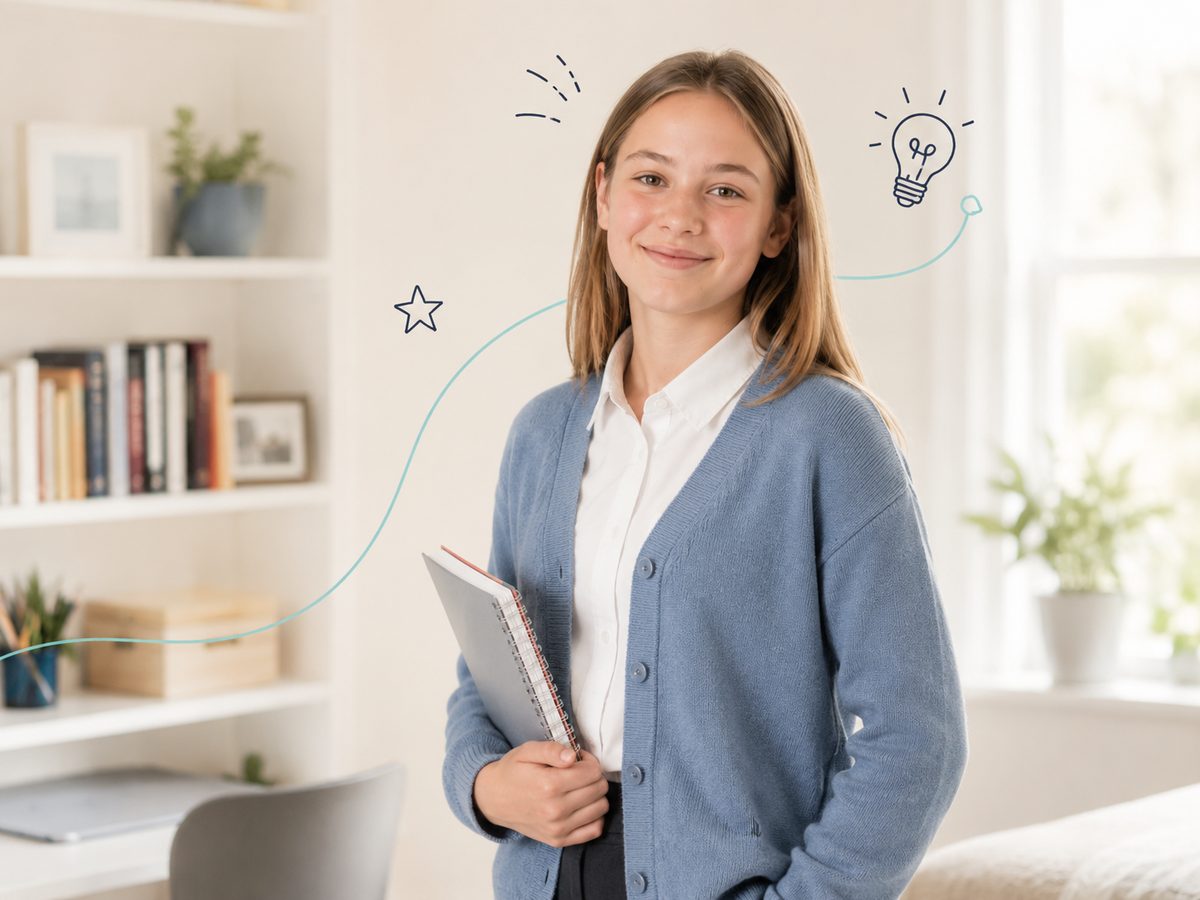 04_White_Girl_Blue_Cardigan_Standing_With_Notebook_With_Doodles_4x3_Web_1200w
